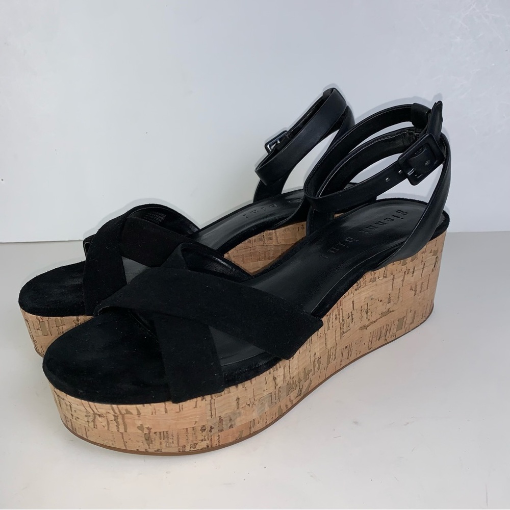 Gianni Bini Zeeah Black Suede Leather Cork Wedge Sandals Size 8.5M